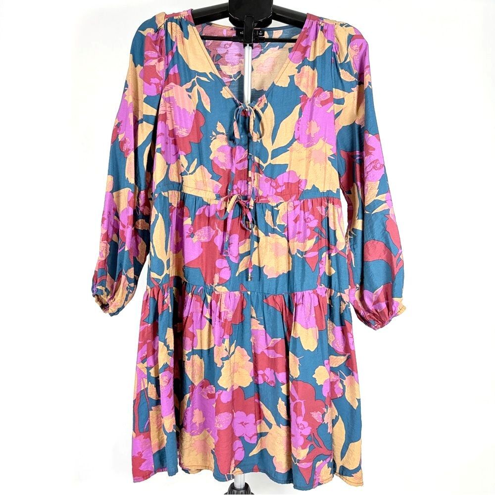 Elleborn Floral Tiered Boho Mini Dress Blue Purple‎ Magenta Long Sleeve Women S